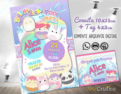 Convite Digital C/tag Pool Party Squishmallows