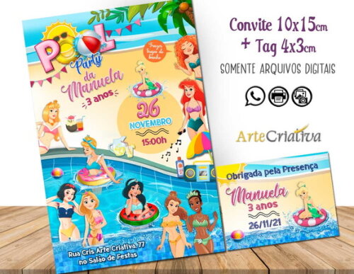CONVITE DIGITAL C/TAG Pool Party Princesas 3