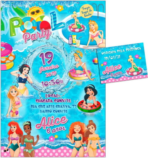 CONVITE DIGITAL C/TAG Pool Party Princesas 1