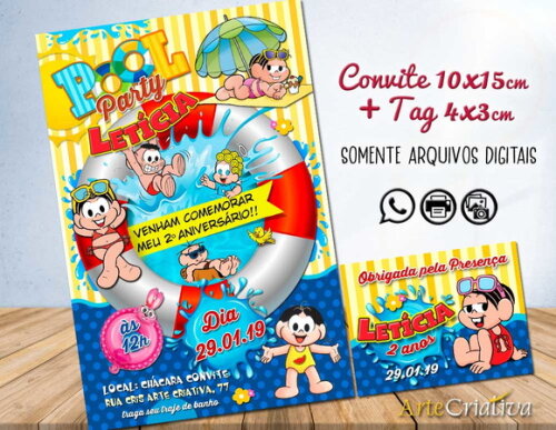 CONVITE DIGITAL C/TAG Pool Party Turma da Mônica Menina