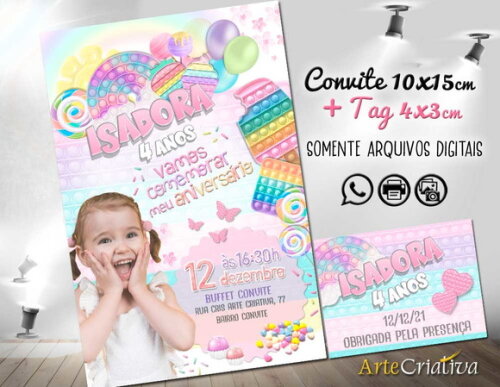 CONVITE DIGITAL C/TAG Pop It Candy Color com Foto