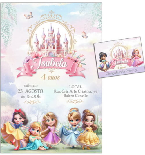 Convite Digital C/tag Princesas Disney Aquarela
