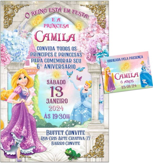 Convite Digital C/tag Princesas Disney Rapunzel e Cinderela