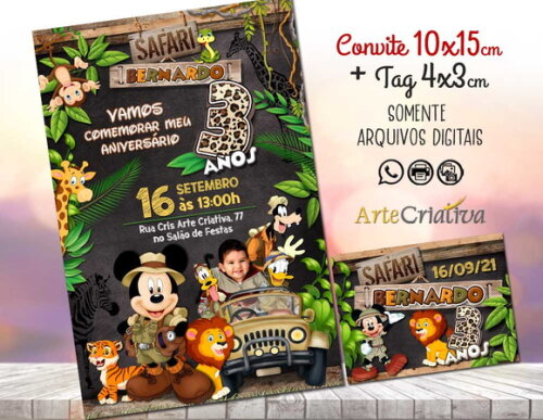 CONVITE DIGITAL C/TAG Safari Mickey Mouse com Foto