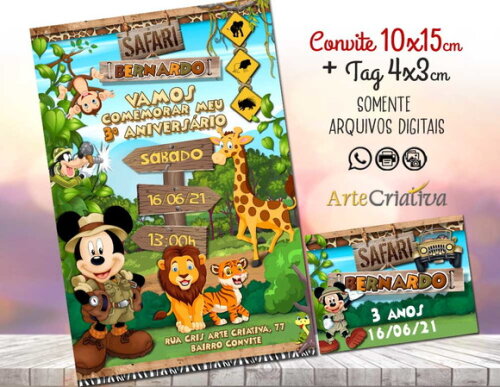 CONVITE DIGITAL C/TAG Safari Mickey Mouse