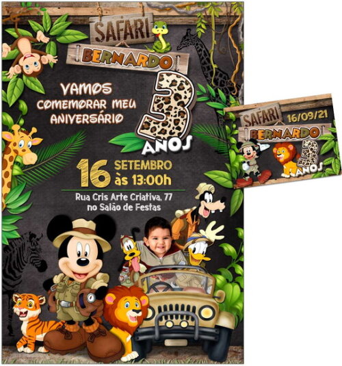 CONVITE DIGITAL C/TAG Safari Mickey Mouse com Foto