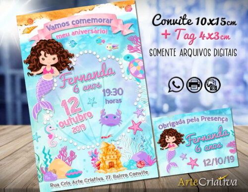 CONVITE DIGITAL C/TAG Sereia Menina 10