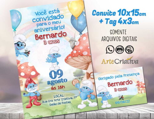 CONVITE DIGITAL C/TAG Smurfs Menino