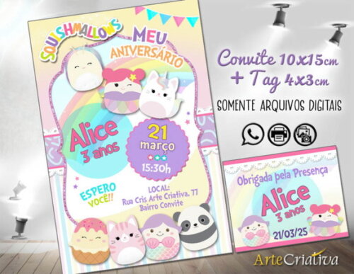 Convite Digital C/tag Squishmallows