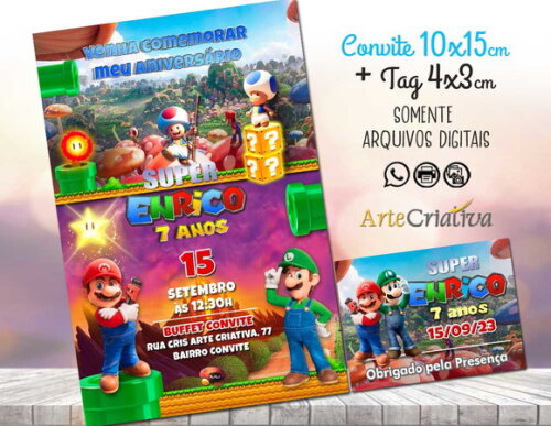 Convite Digital C/tag Super Mario Bros Filme