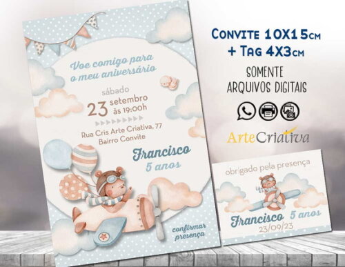 Convite Digital C/tag Ursinho Aviador