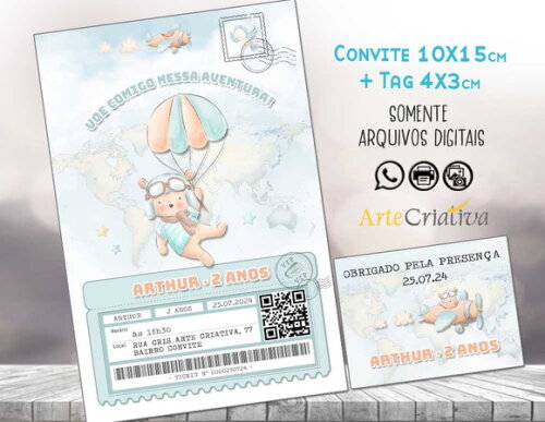 Convite Digital C/tag Ursinho Aviador Tempo Voa 2