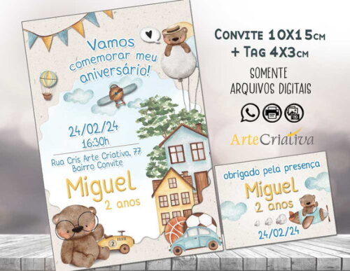 Convite Digital C/tag Ursinho com Brinquedos