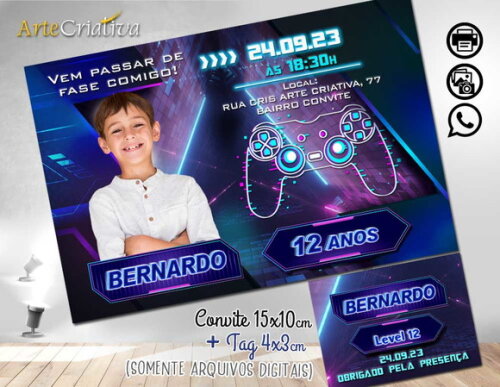 Convite Digital C/tag Video Game Neon
