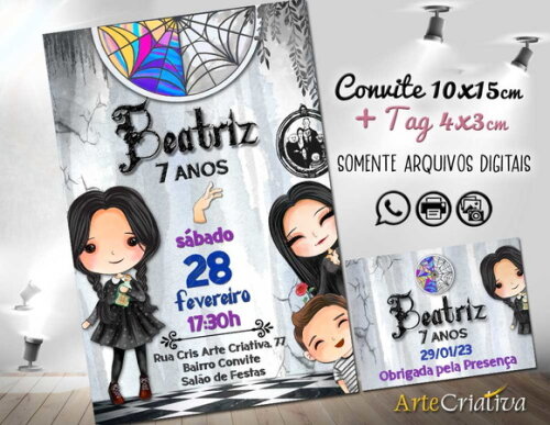 Convite Digital C/tag Wandinha Addams Aquarela