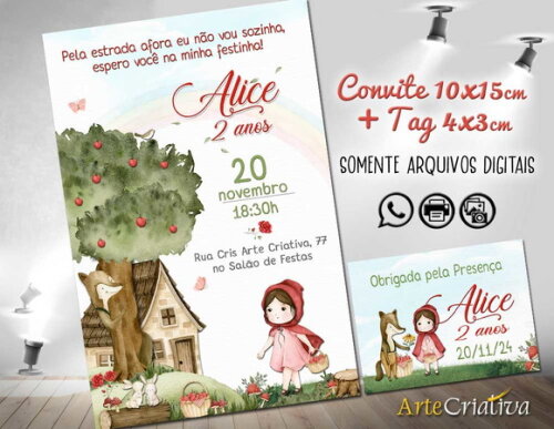 CONVITE TAG DIGITAL Chapeuzinho Vermelho Aquarela 2