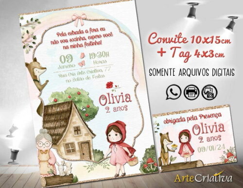 CONVITE TAG DIGITAL Chapeuzinho Vermelho Aquarela 1