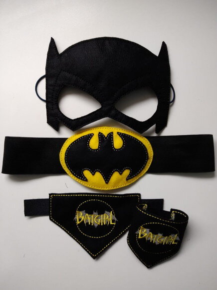 Máscara Batgirl com Braceletes - Feltro Bordado, Infantil