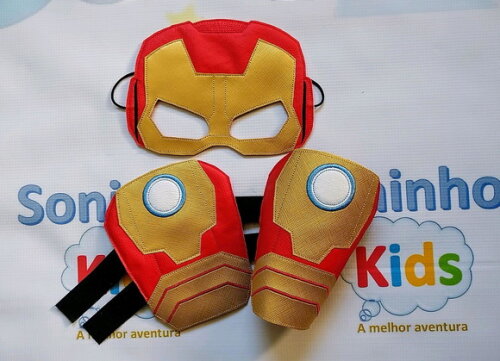 Máscara Homem de Ferro + Braceletes Infantil Couro Ecológico