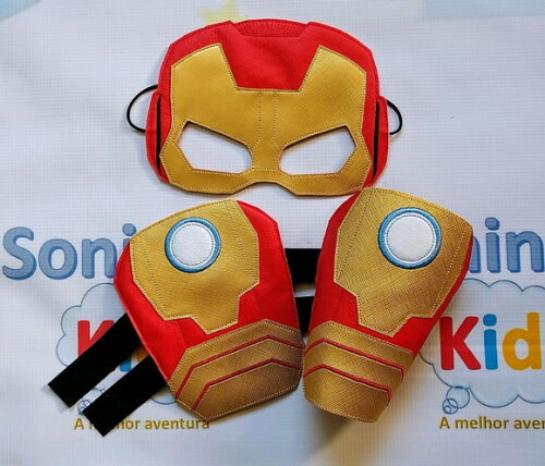 Máscara Homem de Ferro + Braceletes Infantil Couro Ecológico
