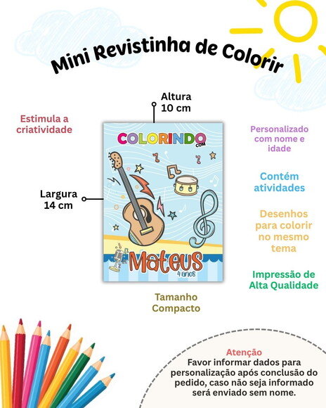Kit 30 Mini Livrinhos de Colorir com Atividades Tema Músicas