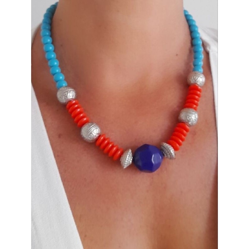 Colar Prata Vermelho e Marinho Feminino | Estilo Boho Étnico