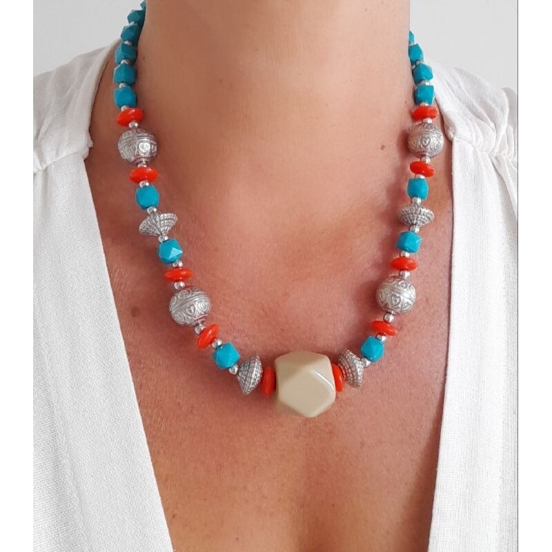 Colar Turquesa Vermelho Bege Étnico |  Estilo  Boho