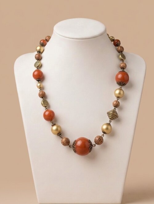Colar Feminino Terracota e Ouro Velho I  Elegância Atemporal
