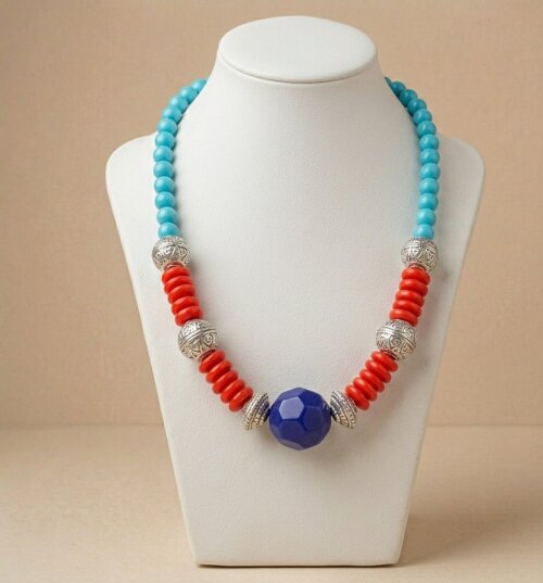 Colar Prata Vermelho e Marinho Feminino | Estilo Boho Étnico