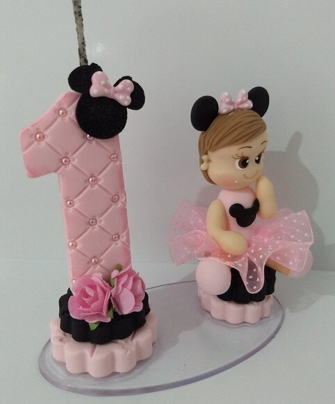 Vela tema Minnie rosa em biscuit