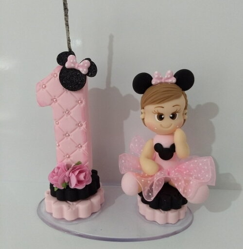 Vela tema Minnie rosa em biscuit