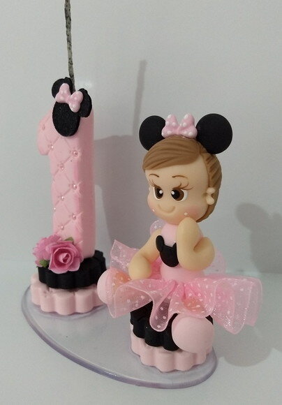Vela tema Minnie rosa em biscuit