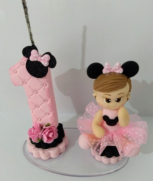 Vela tema Minnie rosa em biscuit