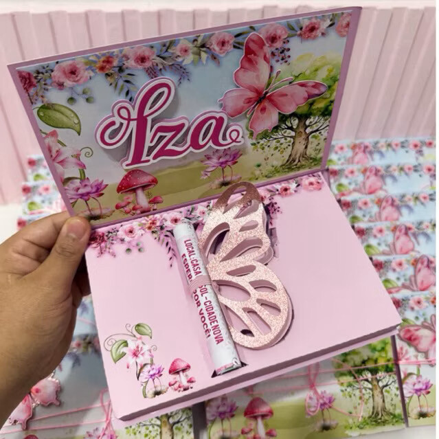 kit 20 Convites caixa Luxo Fada - Borboleta - jardim - Fazemos em