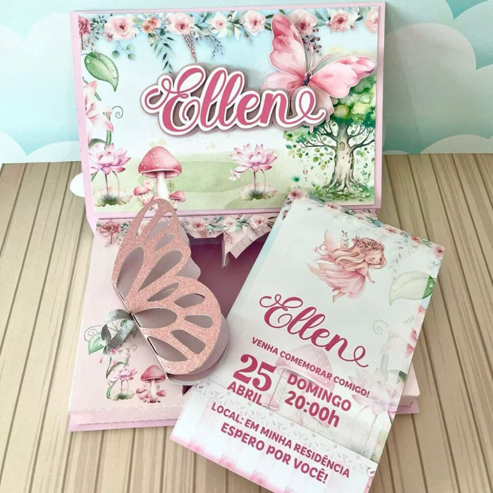 kit 20 Convites caixa Luxo Fada - Borboleta - jardim - Fazemos em