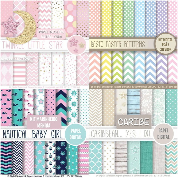 Kit Digital Estrelinha, Chevron, Poá, Marinheiro e Caribe