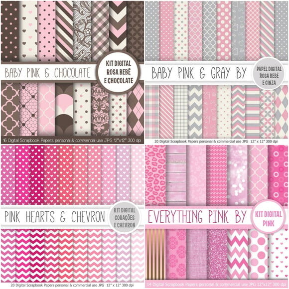 Kit Digital Rosa Bebê e Chocolate, Cinza e Chevron