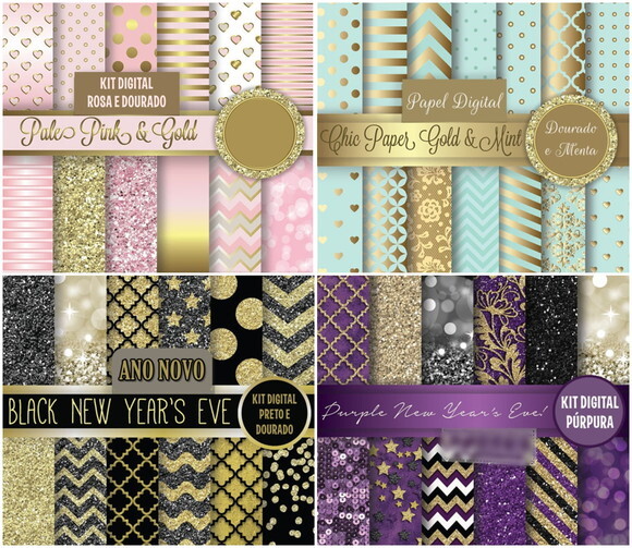 Kit Digital Rosa e Dourado, Menta, Preto e Dourado e Púrpura