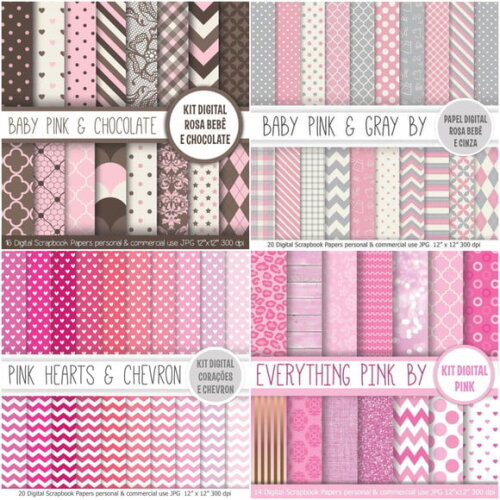 Kit Digital Rosa Bebê e Chocolate, Cinza e Chevron