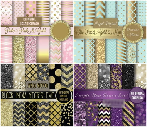 Kit Digital Rosa e Dourado, Menta, Preto e Dourado e Púrpura