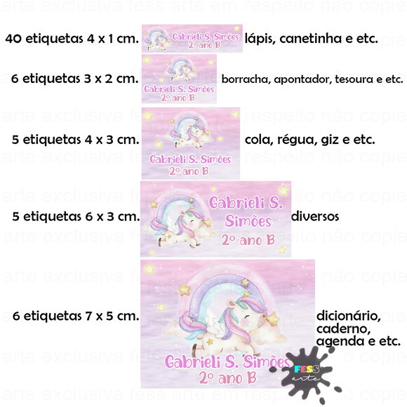Etiqueta Unicórnio Material Escolar Arquivo Digital