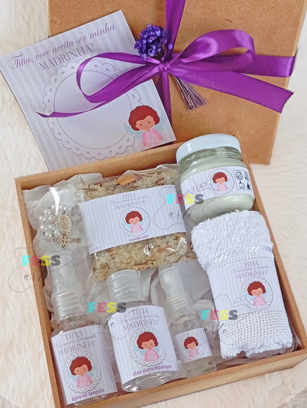 Presente Kit Caixa Convite Batizado Madrinha Padrinho Spa