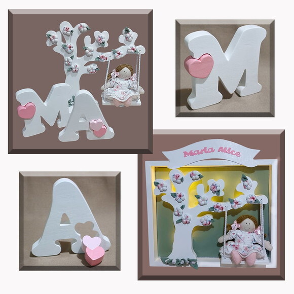 Kit Decoração Boneca no Balanço com Arvore e Flores.