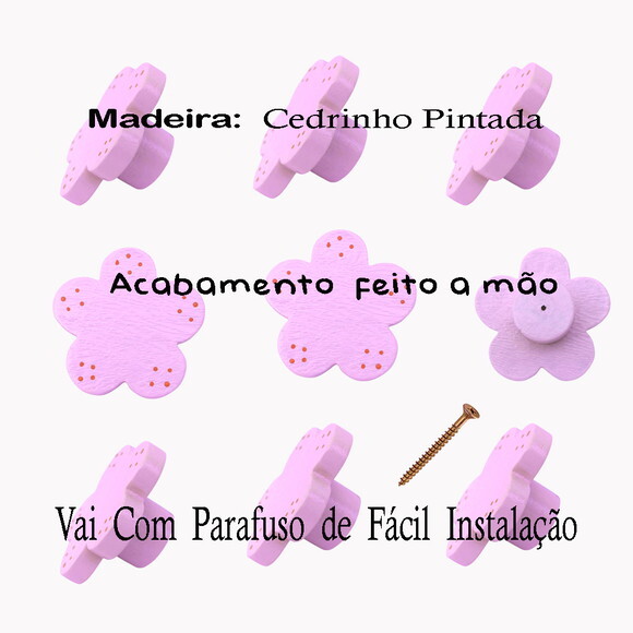 Puxador Flor Rosa Decoração Quarto Bebe, Madeira Pintada
