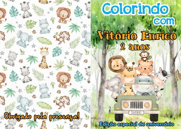 Livro de Colorir Personalizado - 16 Páginas -tema Safari