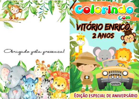 Livro de Colorir Personalizado - 16 Páginas -tema Safari