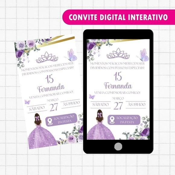 Convite Digital Interativo Lilás 15 Anos