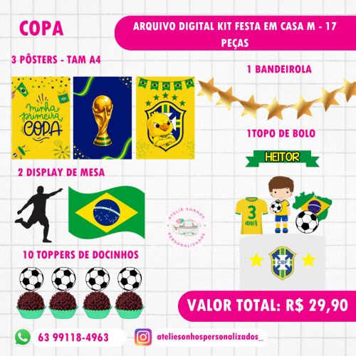 Arquivo digital kit festa em casa M - Tema Minha Primeira Copa - Formato Canva e Silhouette Studio