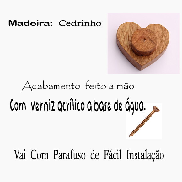 Puxador Coração, Kit com 6 Unidades Madeira Cedrinho