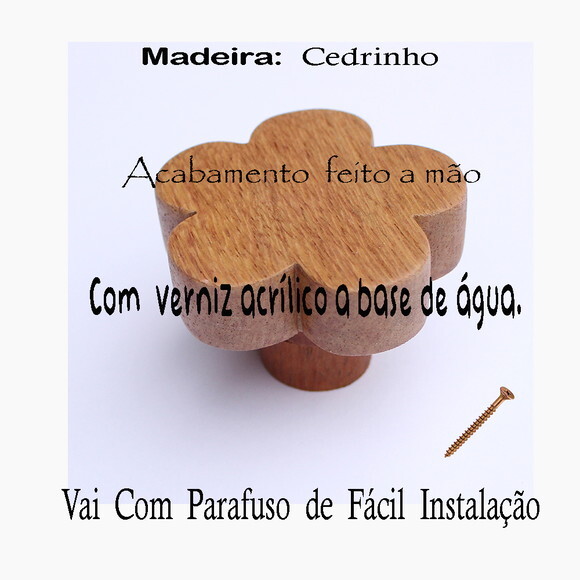 Puxador Flor de Madeira Cedrinho, Kit com 6 Unidades